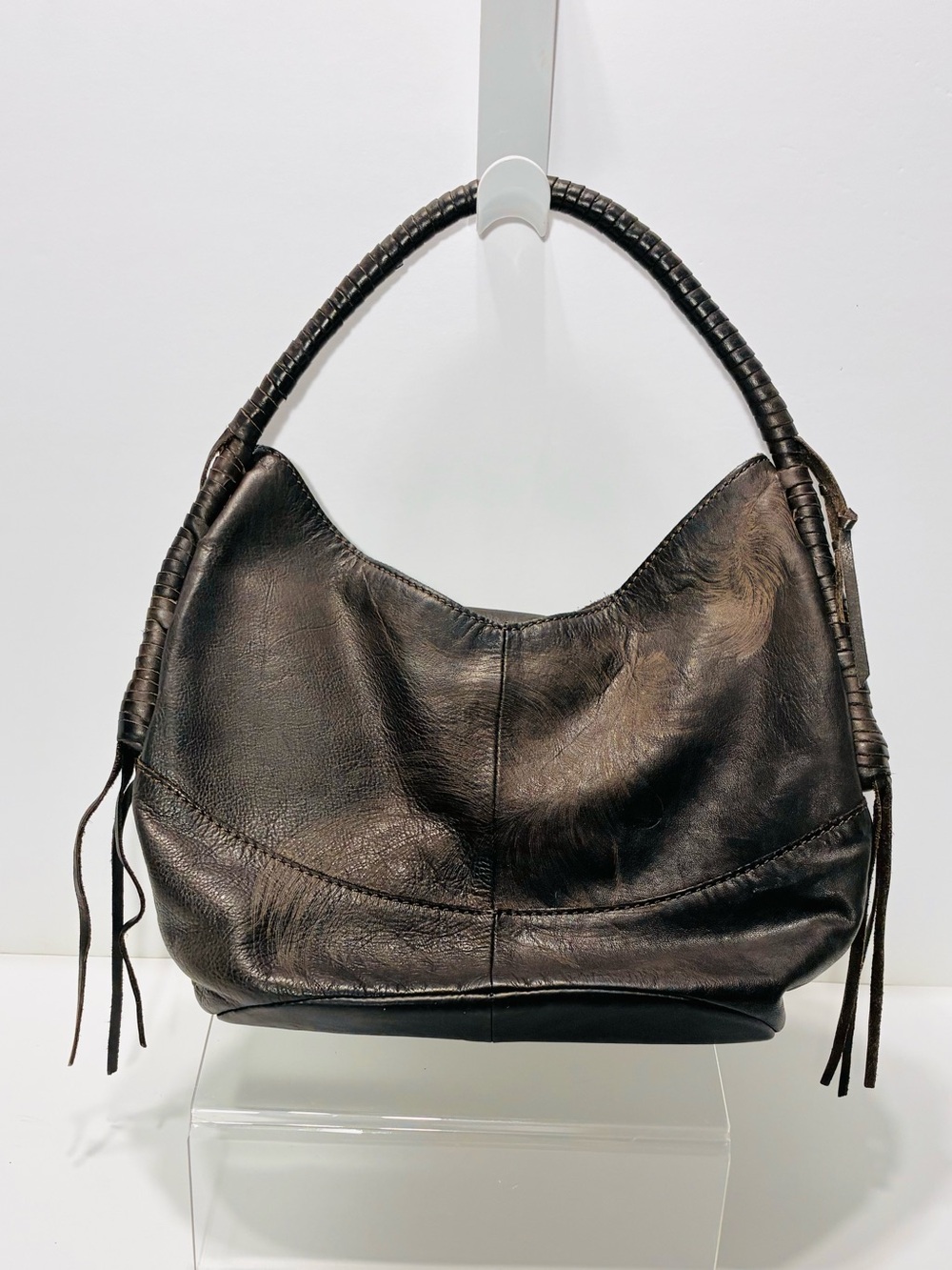 Lucky Brand Brown Embossed Feather Leather Hobo Shoulder Bag Tassels 12x7